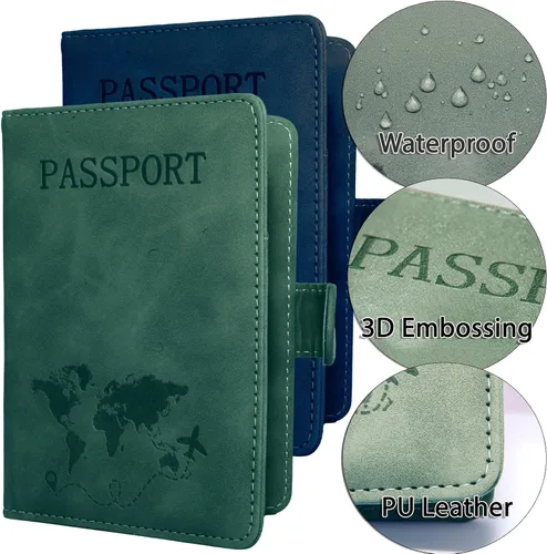 Vista 4 de Juego de 2 fundas para pasaporte, Azul, verde, Minimalista