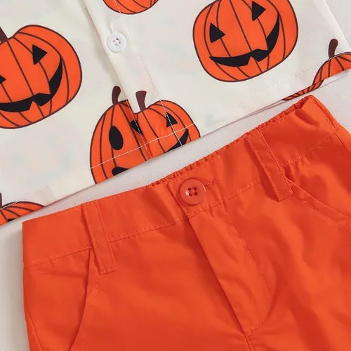 Vista 5 de Conjunto de camiseta de manga corta con cabeza de calabaza para bebé niño, traje de Halloween, pantalones cortos naranjas de verano