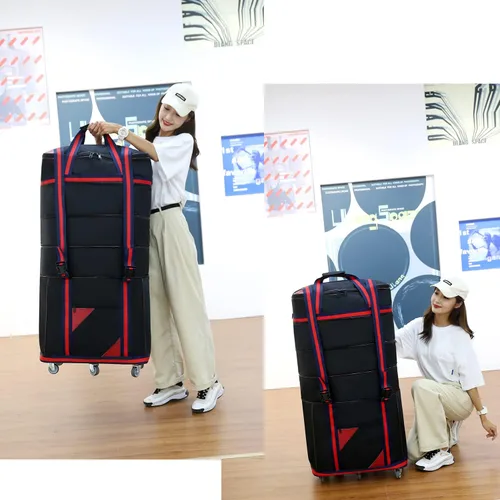 Vista 6 de ELDA Maleta plegable expandible para hombres y mujeres, bolsas de viaje con ruedas universales, equipaje ligero de gran capacidad, Negro