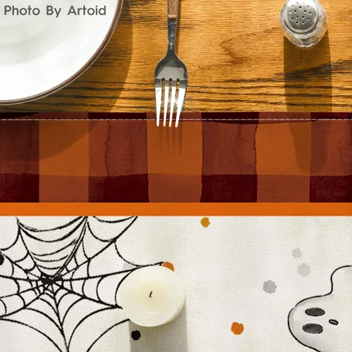 Vista 7 de Artoid Mode Camino de mesa de Halloween, gnomo, murciélago, calabaza, fantasma, naranja, búfalo, búfalo, decoración de mesa de comedor para fiesta