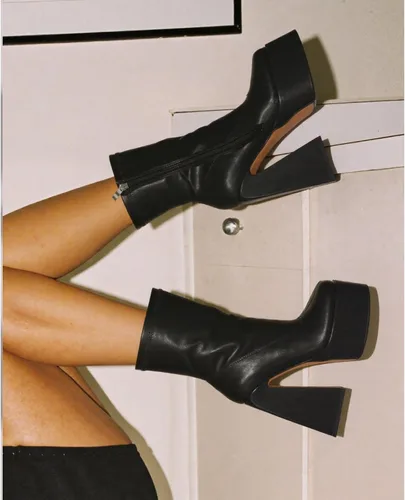 Vista 4 de Uacllcau Botas de plataforma para mujer, botas de media pantorrilla, punta cuadrada, botas de tacón alto grueso con cremallera lateral