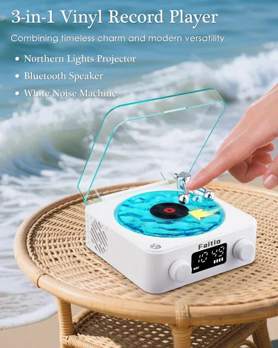 Vista 8 de Waves Altavoz Bluetooth de Vinilo, Estilo Reproductor de Discos de Vinilo con Ruido Blanco de Sonido Oceánico, Altavoces Bluetooth Retro con Luz