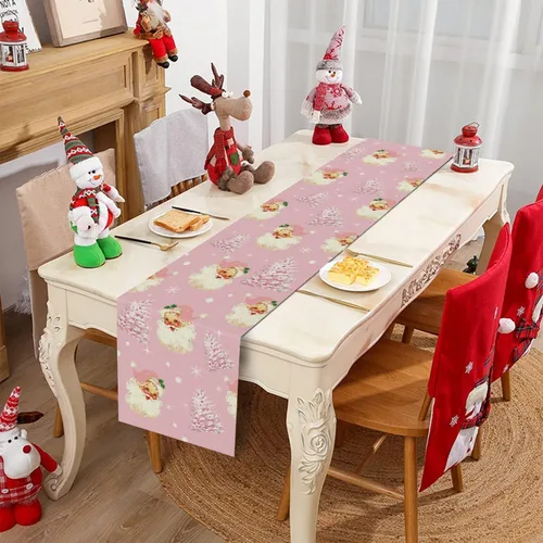 Vista 3 de Camino de mesa de Navidad Papá Noel Árbol de Navidad Copo de nieve rosa, caminos largos para invierno, Navidad, decoración para el hogar, cocina