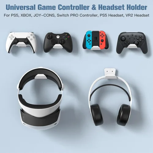 Vista 5 de KUNSLUCK Controller Wall Mount for PS5, Xbox, Switch Controller, 6 Pack Wall Mount Stand for Controller&Headset, AdhesiveScrews Installation (White)