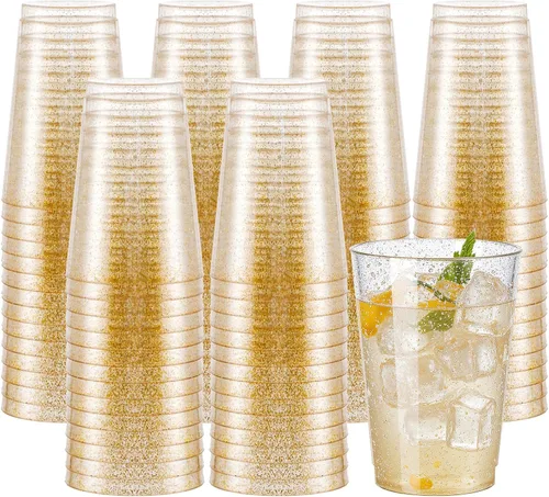 Vista 17 de Supernal 100 piezas de vasos de plástico azules, vasos desechables transparentes azules claros de 10 onzas con borde dorado, vasos de plástico