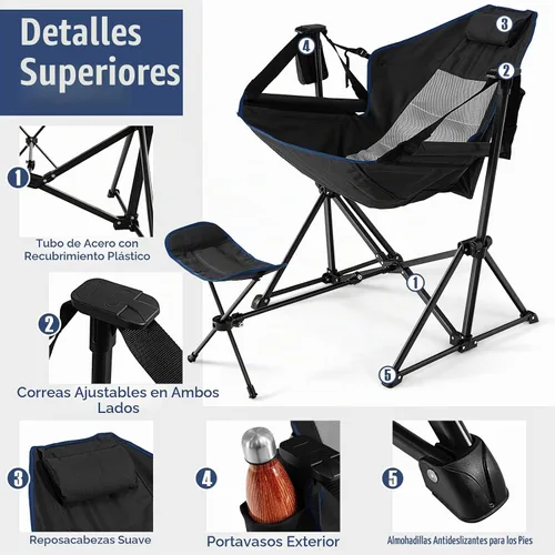 Vista 6 de Giantex Hamaca para exteriores, silla de campamento, mecedora con reposapiés extraíble, respaldo ajustable, almohada, soporte para tazas, bolsa