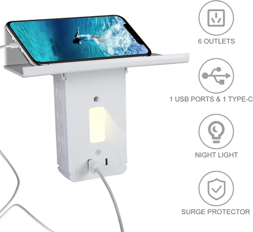 Vista 2 de Paquete de 2 extensores de toma de corriente de pared con USB, 6 tomas de corriente y 2 protectores de sobretensiones USB, estante integrado