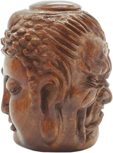 Vista 8 de Estatua de cabeza de Shakyamuni de Buda sonriente meditante, hecha a mano, de madera, anhelada a mano, decoración de buena suerte, regalo