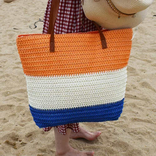 Vista 21 de Bolso grande de paja para mujer, tejido de ratán, bolso de playa de verano, a rayas