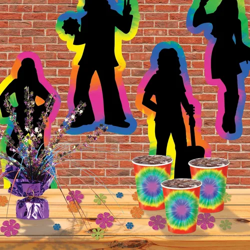 Vista 5 de Beistle Siluetas hippie de los años 60, 8 unidades – Recortes psicodélicos grandes con contornos retro de teñido anudado para fiestas geniales
