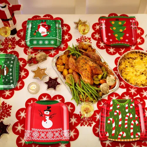 Vista 4 de Paquete de 120 platos de papel para suéter feo de Navidad, platos desechables de Navidad para fiesta de postre de 9 pulgadas con pan de jengibre
