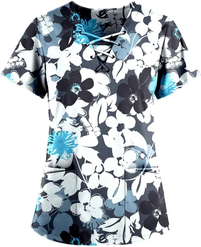 Vista 3 de Camiseta de manga corta con cuello en V y bolsillos, con estampado de corbata, para enfermera, talla S-5XL