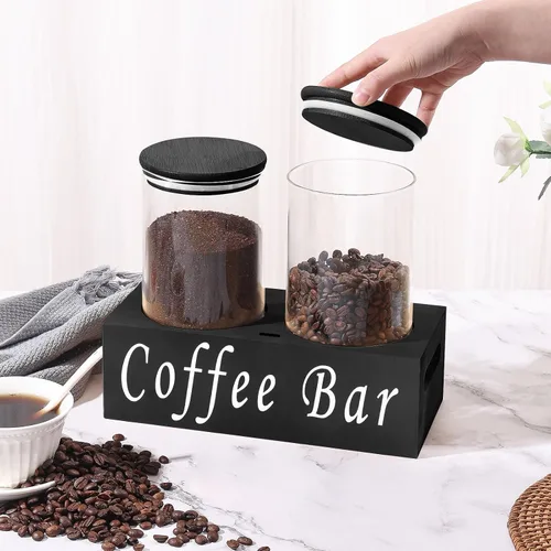Vista 6 de ZOMUIA Rustic Modern Black - 2 tarros pequeños de almacenamiento de café de 44 onzas con estante, 2 recipientes de café de vidrio herméticos