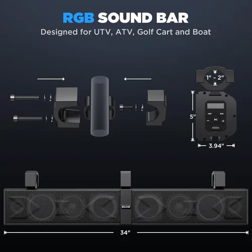 Vista 8 de Ehaho Barra de sonido UTV de 34 pulgadas con subwoofer, barra de sonido SXS de 8 altavoces con Bluetooth e iluminación RGB, altavoces impermeables