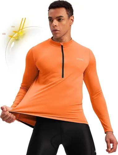Vista 2 de Bikewa Maillot de ciclismo para hombre con 3+1 bolsillos traseros con cremallera, manga larga, absorción de humedad, UPF 50+ media cremallera