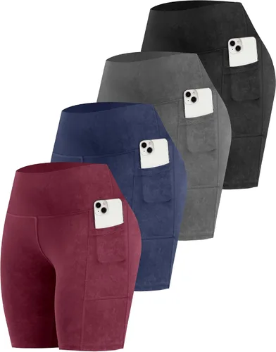 Vista 20 de CHRLEISURE - Pantalones cortos de ciclismo para mujer con bolsillos de licra, cintura alta, con control de abdomen para entrenamiento, yoga