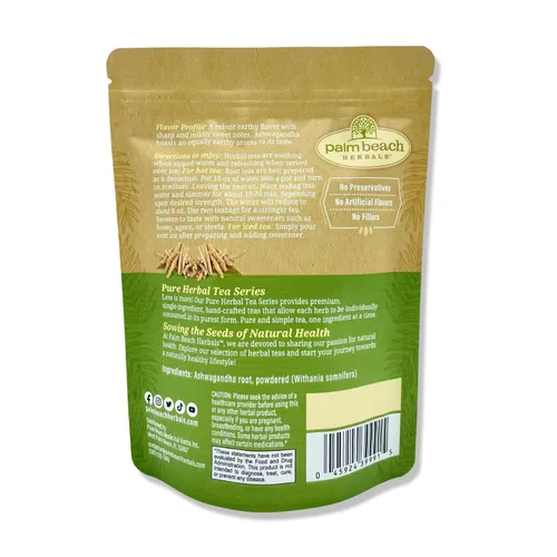Vista 2 de Té de raíz Ashwagandha de Palm Beach Herbals, 30 bolsas de té, sin cafeína Serie de té de hierbas puras