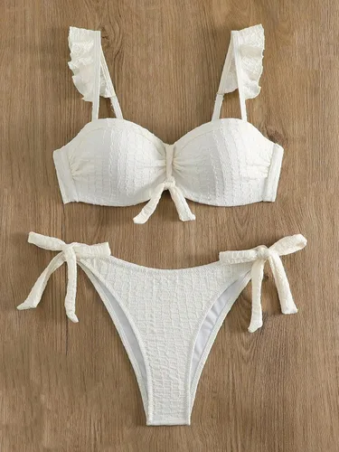 Vista 3 de WDIRARA Conjunto de traje de baño de 2 piezas para mujer con ribete de volantes, nudo lateral y parte delantera
