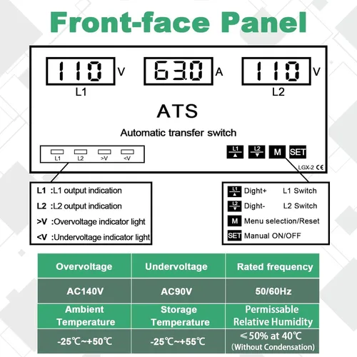 Vista 4 de Interruptor de transferencia automática/manual de 63A 110V, selector de fase de prioridad L1, pantalla LED, montaje en carril DIN, 50/60Hz, ATS
