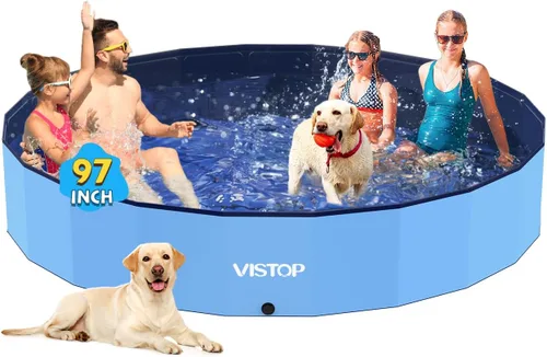 Vista 17 de VISTOP Piscina plegable para perros de 97 pulgadas con rociador, piscina grande de carcasa dura para mascotas, piscina plegable antideslizante