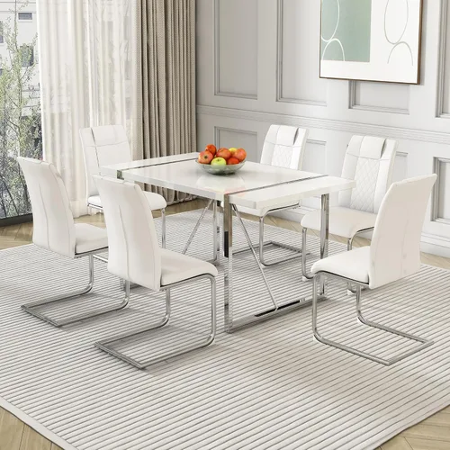 Vista 13 de Juego de mesa de comedor para 4, juego de mesa de cocina rectangular de MDF blanco con sillas de comedor de cuero, juego de 4, juego de mesa
