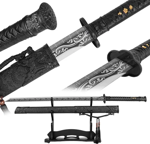 Vista 22 de Espada katana japonesa samurái – Hoja de espiga completa de acero al carbono real sin afilar, espada tradicional de práctica de Iaido