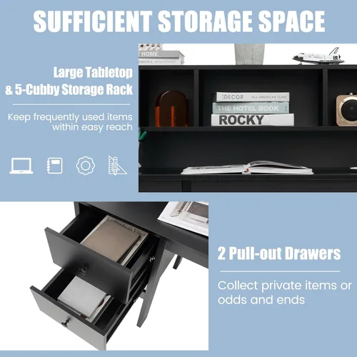 Vista 6 de COSTWAY Escritorio con puertos de carga USB y tomas de corriente, escritorio de computadora de 48 pulgadas con cajones y gabinete de 5