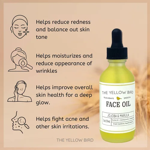 Vista 3 de Aceite facial nutritivo Yellow Bird, suero facial hidratante y antienvejecimiento. Incluye jojoba, marula, prímula y rosa mosqueta para restaurar