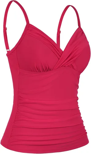 Vista 2 de coastal rose Tankini para mujer, cuello en V, parte superior de natación fruncida con control de abdomen