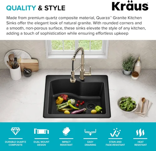 Vista 2 de KRAUS Quarza - Fregadero de cocina de granito de instalación empotrada/sobre encimera de un solo seno, 25 pulgadas, color negro, KGD-441BLACK