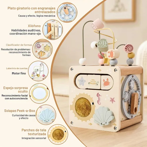 Vista 3 de Pithfor Cubo de actividades de madera, juguete Montessori 6 en 1 para niños