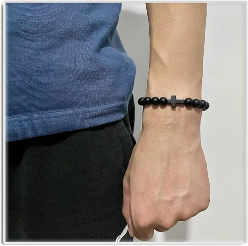 Vista 6 de Xusamss Pulsera de cruz de moda Pulsera elástica de cuentas de ágata mate de 0.315 in
