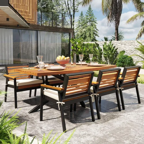 Vista 2 de Juego de comedor de patio al aire libre de 7 piezas, madera de acacia con marco de hierro, mesa rectangular para todo tipo de clima y 6 sillas