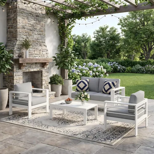 Vista 43 de Solaste Sofá de aluminio para patio con mesa auxiliar, juego de 3 muebles de patio con cojines, sofá de exterior para todo tipo de clima
