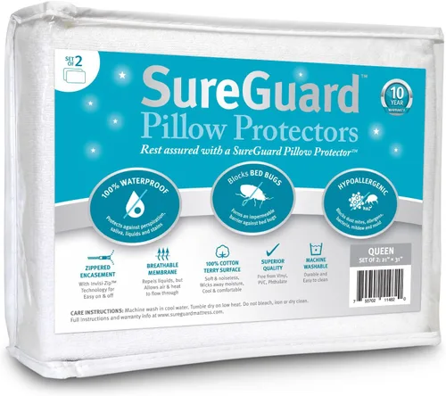 Vista 7 de Juego de 2 protectores de almohada SureGuard de tamaño estándar, 100% impermeables, a prueba de chinches, hipoalergénicos, fundas de rizo de algodón