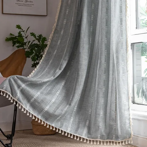 Vista 2 de Cortinas de lino de granja estilo bohemio Aveboll de 63" 84" 96" pulgadas de largo, juego de 2 paneles, cortinas modernas y rurales con bordado