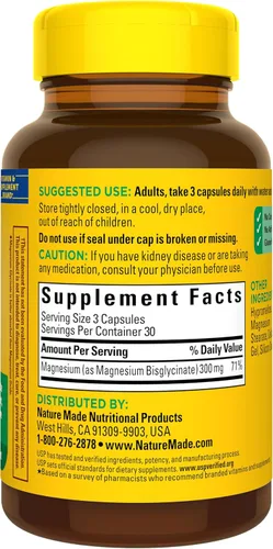 Vista 7 de Nature Made Glicinato de magnesio de alta absorción 300 mg por 3 cápsulas, suplemento de magnesio para soporte muscular, corazón, nervio y hueso, 90