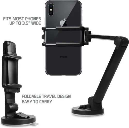 Vista 2 de Cellet Soporte de teléfono para automóvil – Soporte para parabrisas y salpicadero, fuerte succión, plegable negro