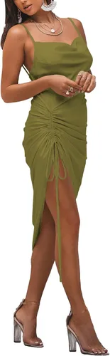 Vista 3 de LYANER - Vestidos de satén para mujer, con tirantes delgados y cuello desbocado, largo por debajo de la rodilla, diseño sexi, fruncido para cóctel