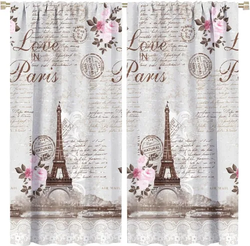Vista 38 de Cortinas de la Torre Eiffel de París, pintura al óleo, flores moradas, torres de ciudad, con bolsillo para barra, cortinas de ventana