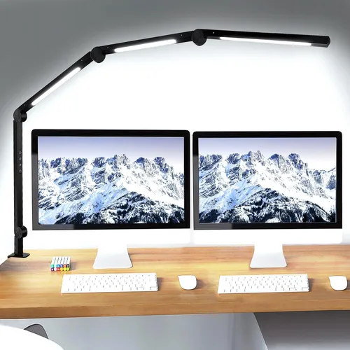 Vista 11 de lámpara de escritorio LED de doble cabezal para oficina - lámpara para el cuidado de los ojos con abrazadera, luz de escritorio de cuello de ganso