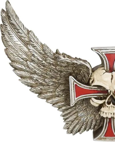 Vista 5 de Ebros Gift Ángel gótico cráneo alado con cruz de crucifijo rojo decoración de pared placa tiempo espera a nadie hombre guardián ángel calavera