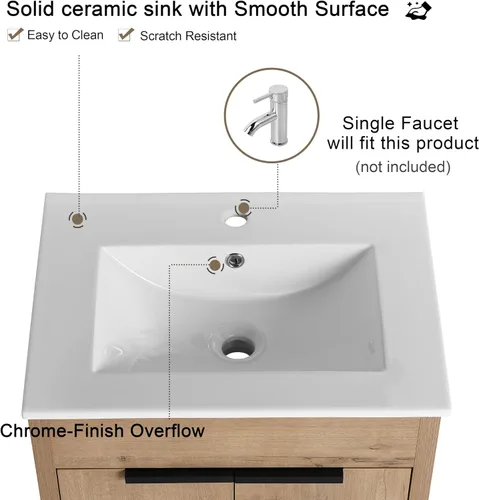 Vista 3 de Malwee Tocador de baño independiente de 24 pulgadas con lavabo, tocador de baño de pie de 24'', tocador moderno con 2 puertas y encimera de lavabo
