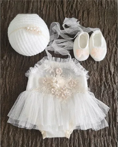 Vista 7 de Zeroest Conjunto de Accesorios para Fotografía de Recién Nacidos, Juego de Vestido de Encaje para Niña, Traje para Sesión de Fotos de Bebé Niña