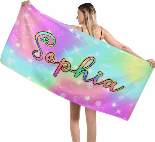 Vista 17 de MyPupSocks Toalla colorida personalizada para niños – Color arcoíris personalizada para viajes, playa, piscina y toallas de baño, toalla con nombre