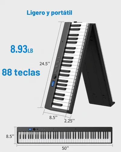Vista 6 de Teclado de piano plegable de 88 teclas, teclado de piano portátil con tecla semipesada estándar, piano plegable con soporte Bluetooth/MIDI
