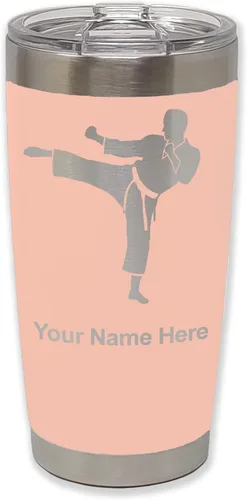 Vista 32 de LaserGram Vaso aislado al vacío de 20 onzas, Karate Man, grabado personalizado incluido (negro) Engraved Gift, Vacuum Insulated Stainless Steel