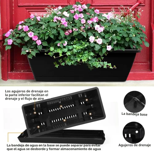 Vista 6 de 8 maceteros de ventana, cajas de flores para ventana de 17 pulgadas, maceteros rectangulares con agujeros de drenaje y bandejas, macetas de plástico