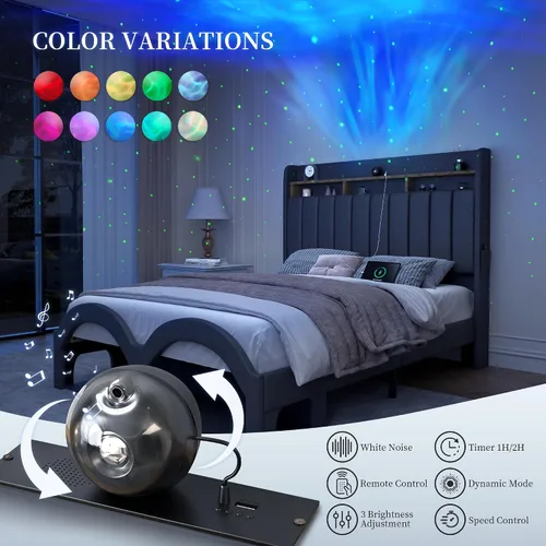 Vista 6 de SIBEDS Base de cama Queen con cabecera de almacenamiento de 2 niveles, cama de plataforma Aurora de piel sintética con proyector Galaxy Star, base