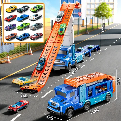 Vista 6 de Juego de camiones y coches para niños de 3, 4, 5, 6, 7, 8 años, juego de camiones transportadores con pista de 12 coches fundidos a presión